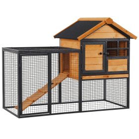 Outdoor Rabbit Cage Elevated Pet House w/ Slide-Out Tray, Natural Wood & Black