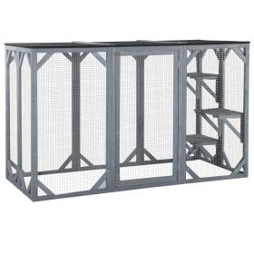 71" x 32" x 44" Large Wooden Outdoor Cat Enclosure Catio Cage With 3 Platforms, Gray
