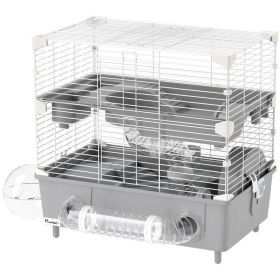 2-Tier Hamster Cage With Sand Bathroom, Running Wheel, Water Bottle, Tubes, Accessories, For Hamster, Gray