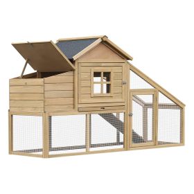 69" Wooden Chicken Coop, Poultry Cage Hen House with Connecting Ramp, Removable Tray, Ventilated Window and Nesting Box, Natural