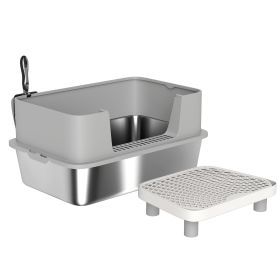 Stainless Steel Litter Box with High Sides, Metal Cat Litter Box with Scoop, Pedal, Anti-Urine Leakage, Non-Sticky