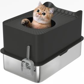 Extra Large Stainless Steel Litter Box, Enclosed Cat Litter Box with Scoop, Top Entrance, Non-slip Pads, Black