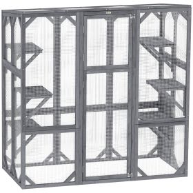 Large Wooden Catio Outdoor with 6 Jumping Platforms, Weatherproof Roof, for 1-3 Cats, 59" x 28" x 60", Gray