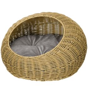 Rattan Cat Bed with Washable Cushion for Cats, Puppies, Light Brown
