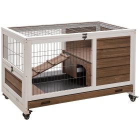 Indoor Rabbit Enclosure, on Wheels, Indoor Bunny Cage Small Animal House with Pull Out Tray Casters Ramp, 35.5" x 21" x 23", Brown