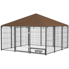 6.9' x 6.9' x 5' Outdoor Dog Kennel with Canopy Garden Playpen Fence Crate Enclosure Cage Rotating Bowl, Coffee