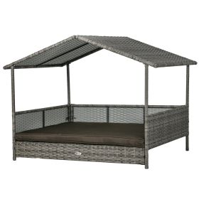 Outdoor Dog Bed with Canopy, Rattan Dog Bed with Soft Cushion Removable Cover for Medium and Large Dogs, Charcoal Gray