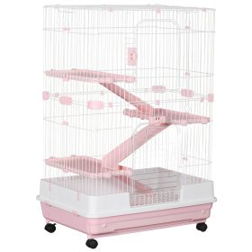 32"L 4-Level Small Animal Cage Rabbit Hutch with Wheels, Slide-out Tray for Bunny, Chinchillas, Ferret, Pink