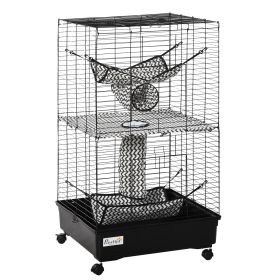 42" Ferret Cage, Small Animal Habitat Metal Pet Cage with Wheels Brakes, Hammocks, Hanging Tunnels, and 3 Doors, Black