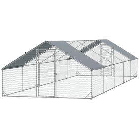 Large Chicken Coop with Waterproof and Anti-UV Cover, Spire Shaped for Outdoor and Yard Farm Use, 9.8' x 32.8' x 6.4'