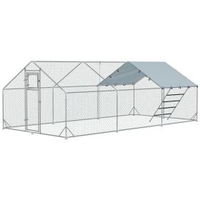 Metal Chicken Run w/ Waterproof & Anti-UV Cover, Feeding Door, Hanging Feeder, for 18-24 Chickens, 9.8' x 19.7' x 6.4'