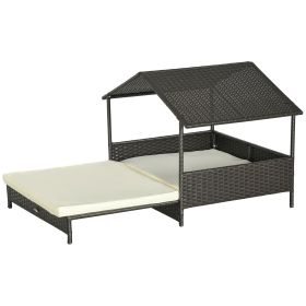 Outdoor Dog Bed Extendable Wicker Dog Bed w/ Waterproof Roof, Soft Cushion, for Small and Medium Dogs, Cream White