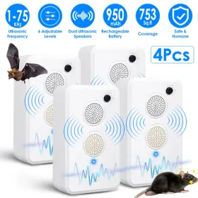 4pcs Ultrasonic Pest Repeller - 1-75KHz Adjustable 6 Levels, Repels Bats Birds Mice, 753Sq.ft Coverage, 950mAh Rechargeable For Indoor Outdoor Use