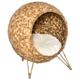 20.5" Weaved Cat Bed, Elevated Hand-woven Braided Banana Leaf Kitten House Condo with Cushion, Natural