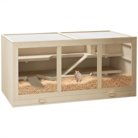 45" Extra Large Wooden Hamster Cage, 3-Layer Rat Cage with Opening Roof, PVC Window, Small Animal Habitat for Gerbil, Dwarf & Syrian Hamsters, Natural
