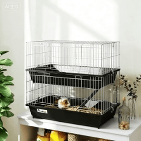 PawHut 2-Tier Small Animal Cage With 2 Doors, Trays, Dish, Bottle, And Ramp For Bunny, Ferret, Chinchilla, Black