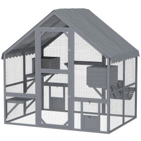 Wooden Catio Outdoor Cat Enclosure with Waterproof Cover, 2 Condos, 4 Platforms, Bridge, Doors, Gray