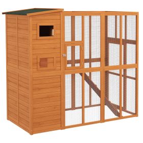 Wooden Outdoor Catio with Platforms, Asphalt Roof, Ramps, Natural