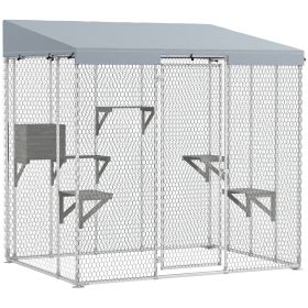 79" Galvanized Steel Large Catio with Waterproof Canopy, Sleeping Box, Jumping Platforms, for 1-3 Kittens, Silver