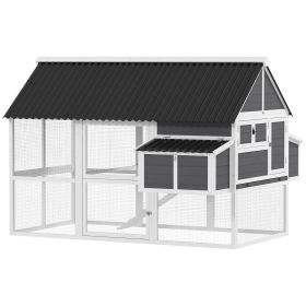 Wooden Chicken Coop with Run, 2 Nesting Boxes, 2 Roosting Bars, Ramp & Tray, Poultry Cage for 6-8 Chickens, Gray