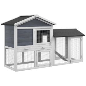 58" Wooden Rabbit Hutch with Run, Removable Tray, Asphalt Roof,  Lockable Doors and Ramp, Gray