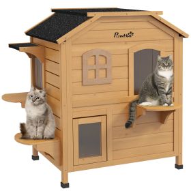  2-story Cat House Outdoor, Weatherproof Wooden Cat Enclosure for Feral Cats with Escape Door, Openable Roof, Jumping Platforms, Natural
