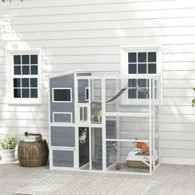 Large Wooden Catio Outdoor, Cat Enclosure W 4 Tier Resting Rooms, 3 Platforms, 1 Soft Ladder, 2 Ramps, 1 Hammock, Gray