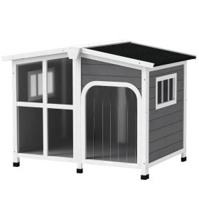 Cabin-Style Wooden Dog House for Large Dogs with Openable Roof & Giant Window, Dark Gray