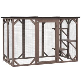 Outdoor Cat House, Catio Wooden Feral Cat Shelter, Cat Cage with Platforms, Large Enter Door, Weather Protection Asphalt Roof, 71" L, Brown