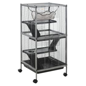 PawHut Metal Small Animal Cage Rolling Big Ferret Cage, Chinchilla Cage, Sugar Glider Cage, With Hammock & 4 Tiers, Removable Tray, Gray