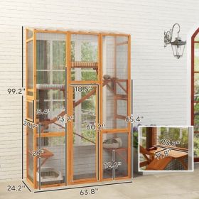 Outdoor Catio Cat Enclosure, Large Wooden Cat House with 6 Jumping Platforms, Scratching Post, 2 Ramps, for 2-3 Kittens (Option: Orange)