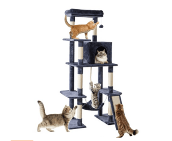 63-inch Cat Tree Tower, Large Multi-story Cat Climbing Tower, Natural Sisal Grabber Posts, Extended Platform, Hammock (Option: Dark grey)